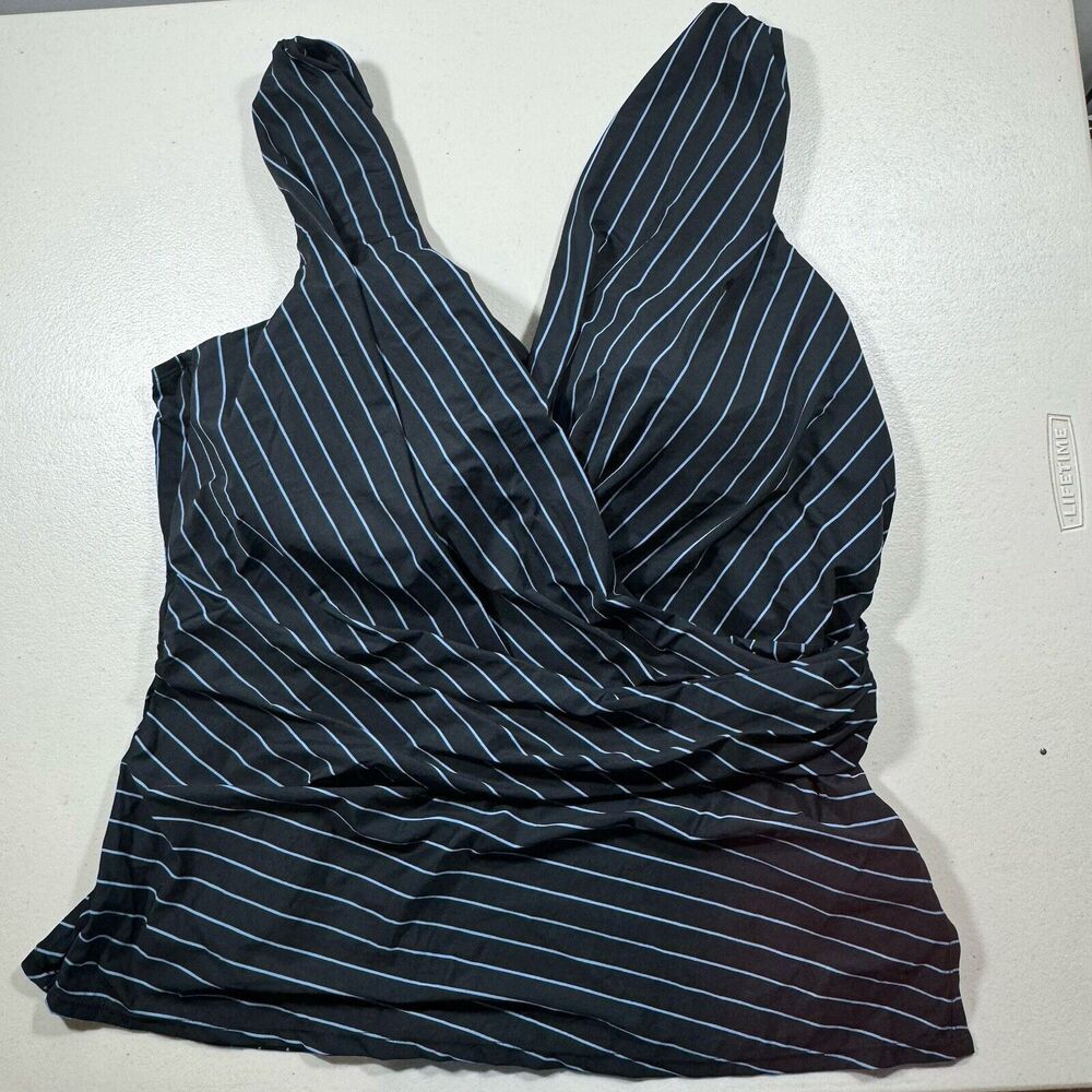 Lands End 24W Black Blue Stripe Ruched Swim Tankini Top Adjustable Straps